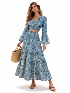 Rhea 2 Pc Set Boho Paisley Blue Crop Top + Tiered Maxi Skirt S/M NWOT